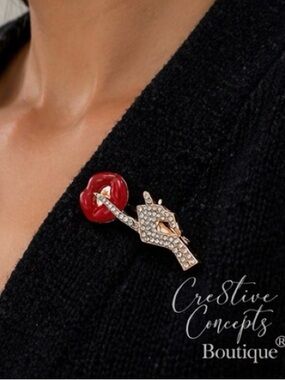 Lip & Hand Brooch Pin | Rhinestone Red Lips Statement Jewelry Crystal Accent